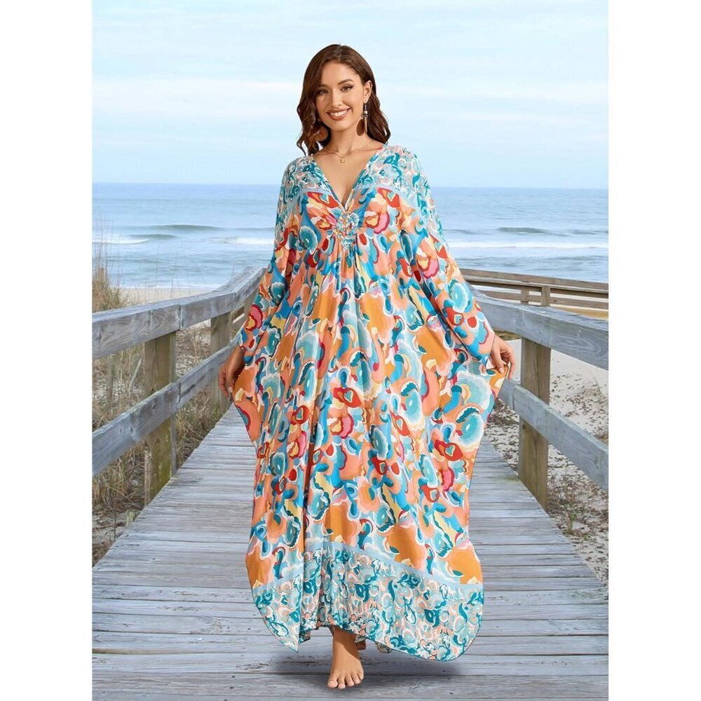 Women Blue Orange Floral V-neck Batwing Sleeve Flowy Split Bohemian Kaftan Dress - Picture 5 of 7